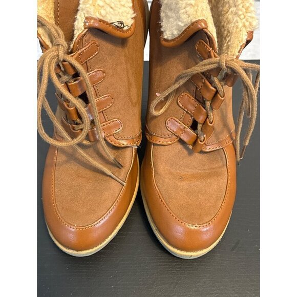 H&M Vintage-Style Brown Lace-Up Boots With Faux Fur Lining & Chunky Heel Size 8 - Picture 3 of 5
